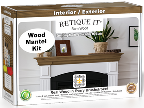 Retique It® Fireplace Mantel Wood'n Finish Kit in Barn Wood stain, showcasing the wood finish and application tools for fireplace mantels.