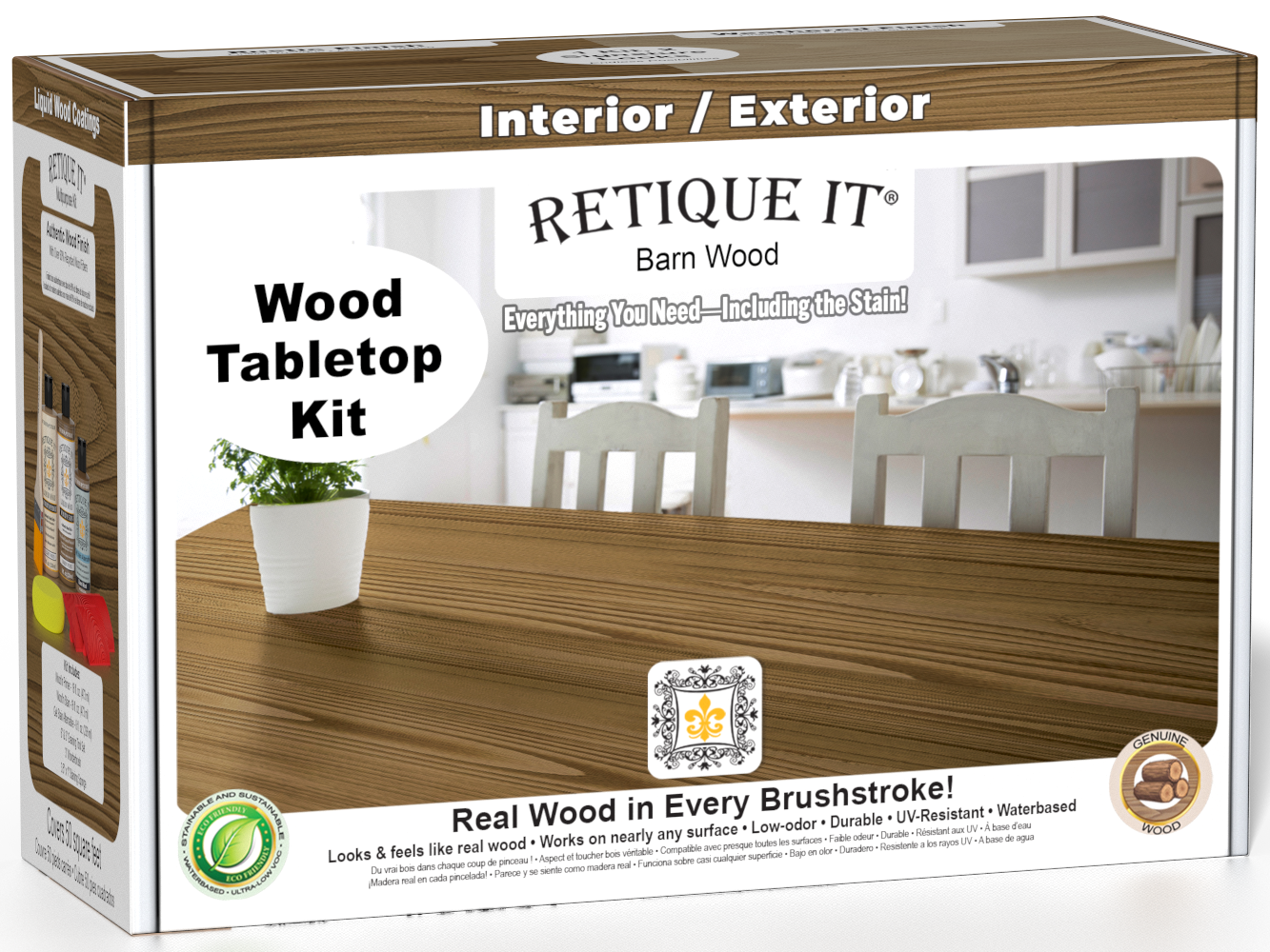 Retique It® Wood'n Finish Kit in Barn Wood stain for tabletops, featuring wood stain and finishing supplies in a box.