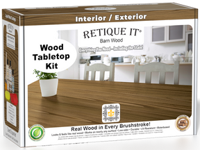 Retique It® Wood'n Finish Kit in Barn Wood stain for tabletops, featuring wood stain and finishing supplies in a box.
