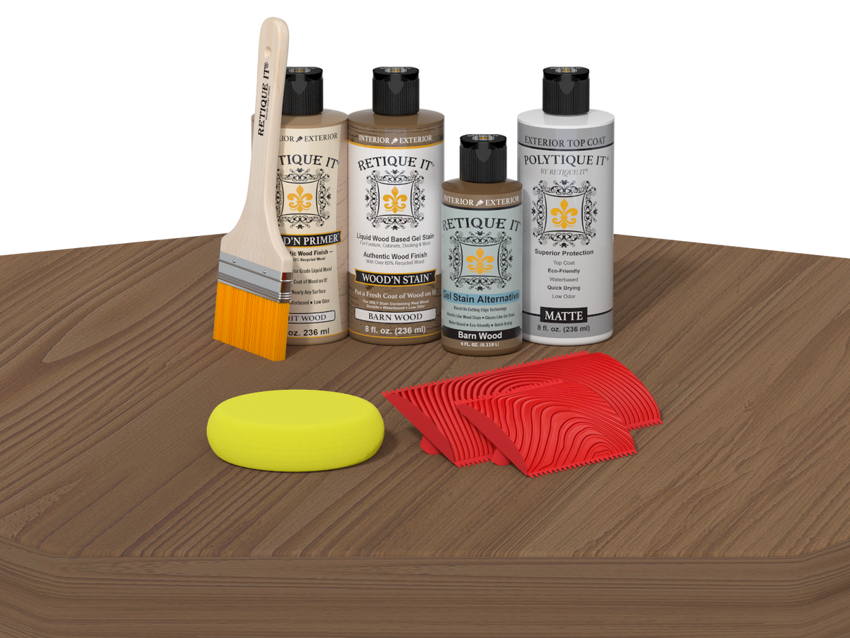 Wood care products including bottles, a brush, a sponge, and cloths on a wooden surface.