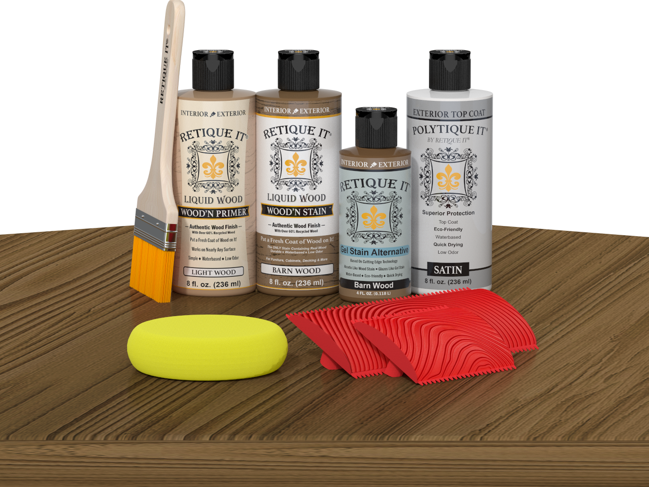 Retique It Wood'n Finish Kit in Barn Wood for exterior topcoat, shown on a table with wood sample and tools.