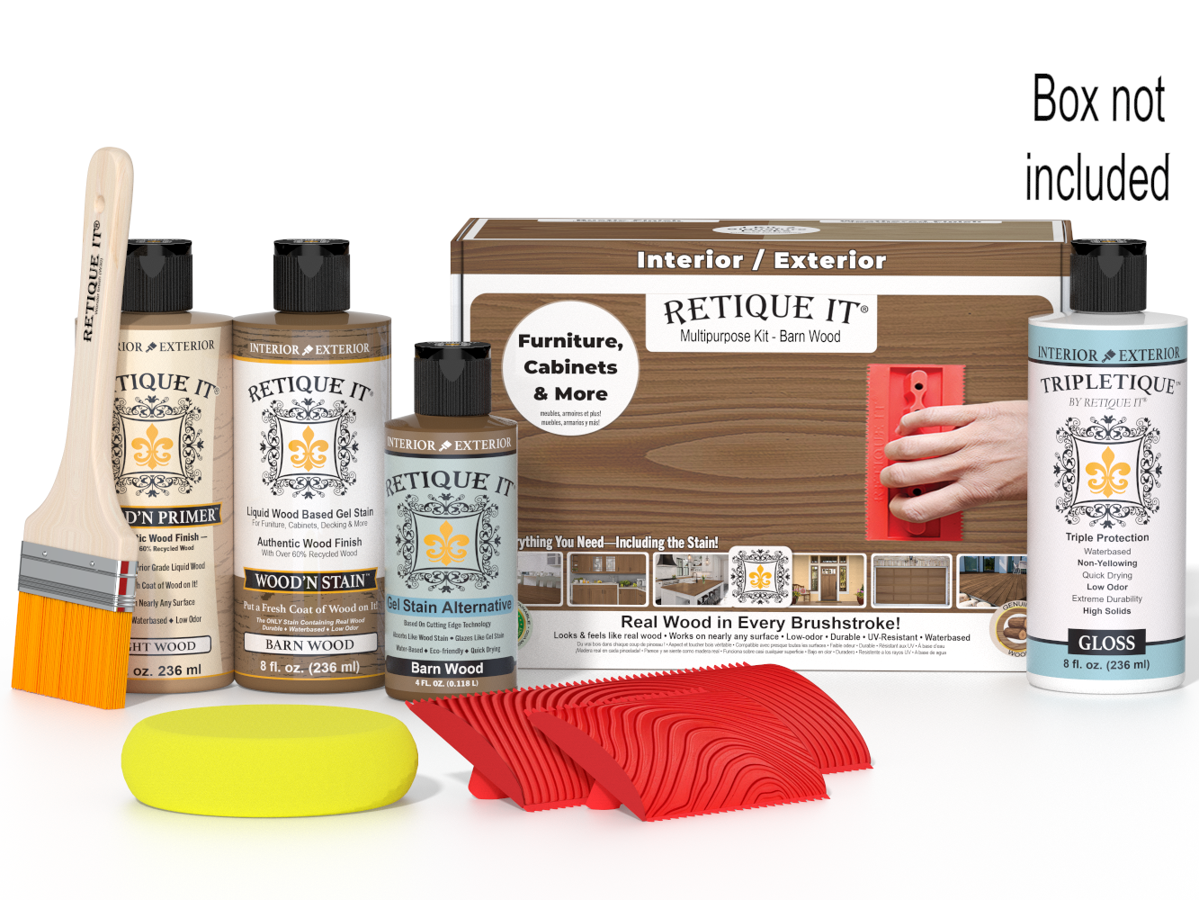 Wood staining kit with bottles, a brush, and a box labeled 'Retique It' on a white background.