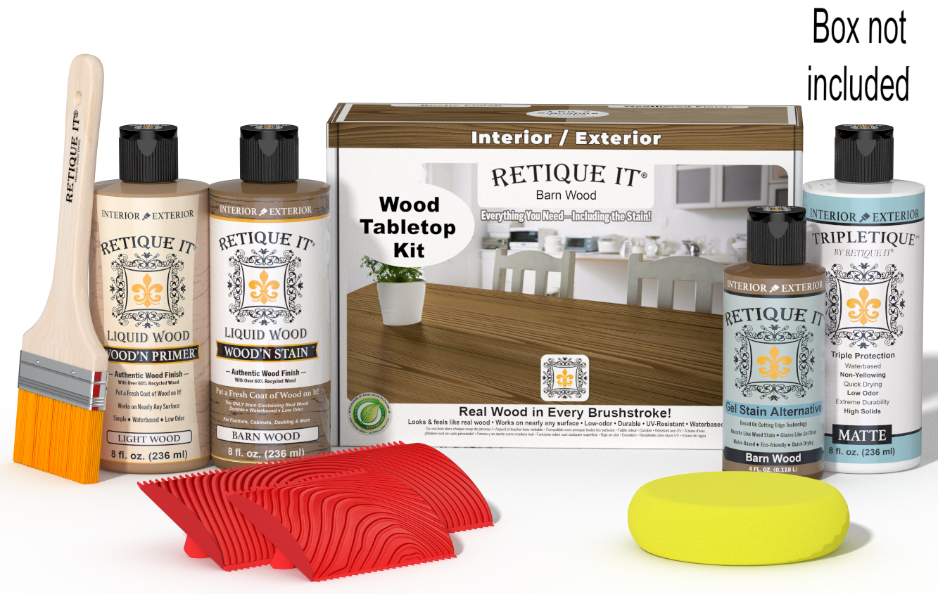 Retique It® Wood'n Finish Kit in Barn Wood stain for tabletops, includes stain and finishing supplies in a box.