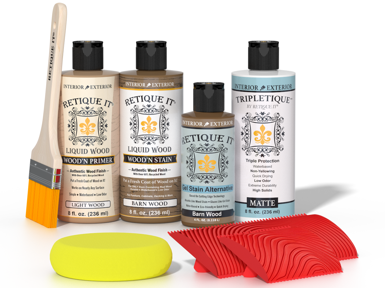 Retique It® Wood'n Finish Kit in Barn Wood stain for tabletop furniture, showcasing the wood finish and application tools.
