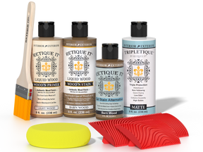 Retique It® Wood'n Finish Kit in Barn Wood stain for tabletop furniture, showcasing the wood finish and application tools.