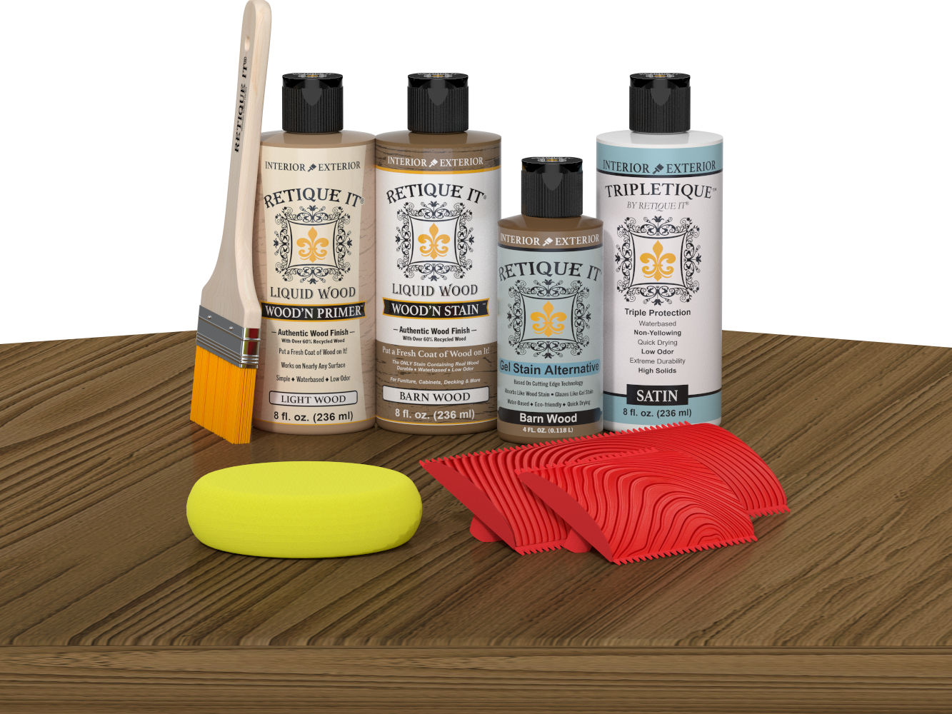 Retique It® Wood'n Finish Kit in Barn Wood stain shown on tabletop, highlighting the wood finish application and natural grain detail.