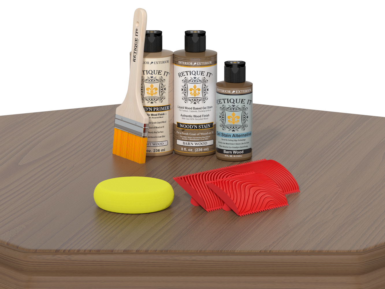 Wood care products including bottles, a brush, and cloths on a wooden surface.