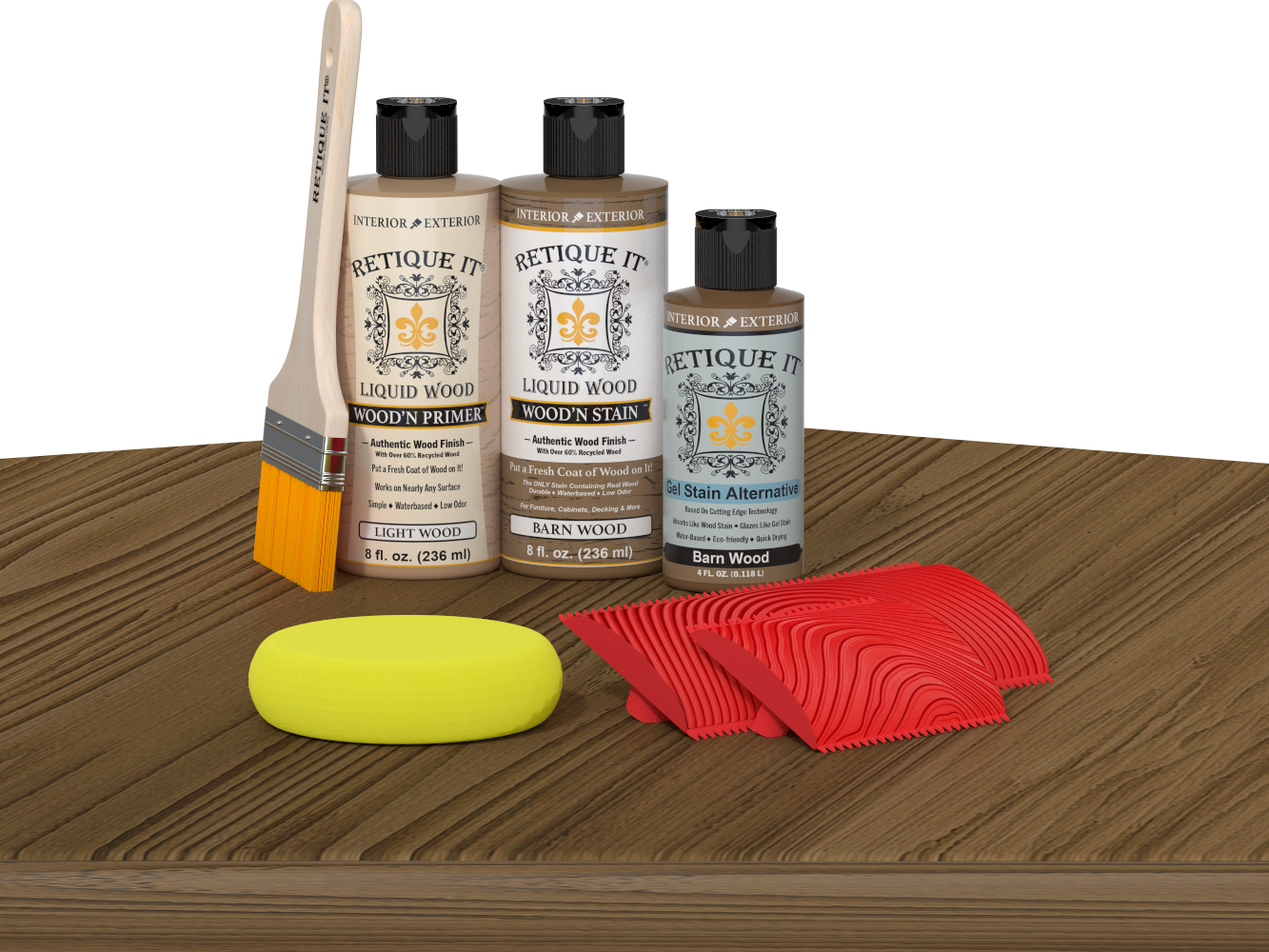 Retique It® Fireplace Mantel Wood'n Finish Kit in Barn Wood stain, showing the wood stain application on a mantel surface.