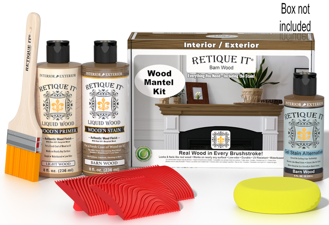 Retique It Wood'n Finish Kit in Barn Wood stain for fireplace mantels, showing stained wood and application tools.