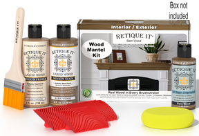 Retique It® Fireplace Mantel Wood'n Finish Kit in Barn Wood stain showing a finished wooden mantel with rustic barn wood appearance.