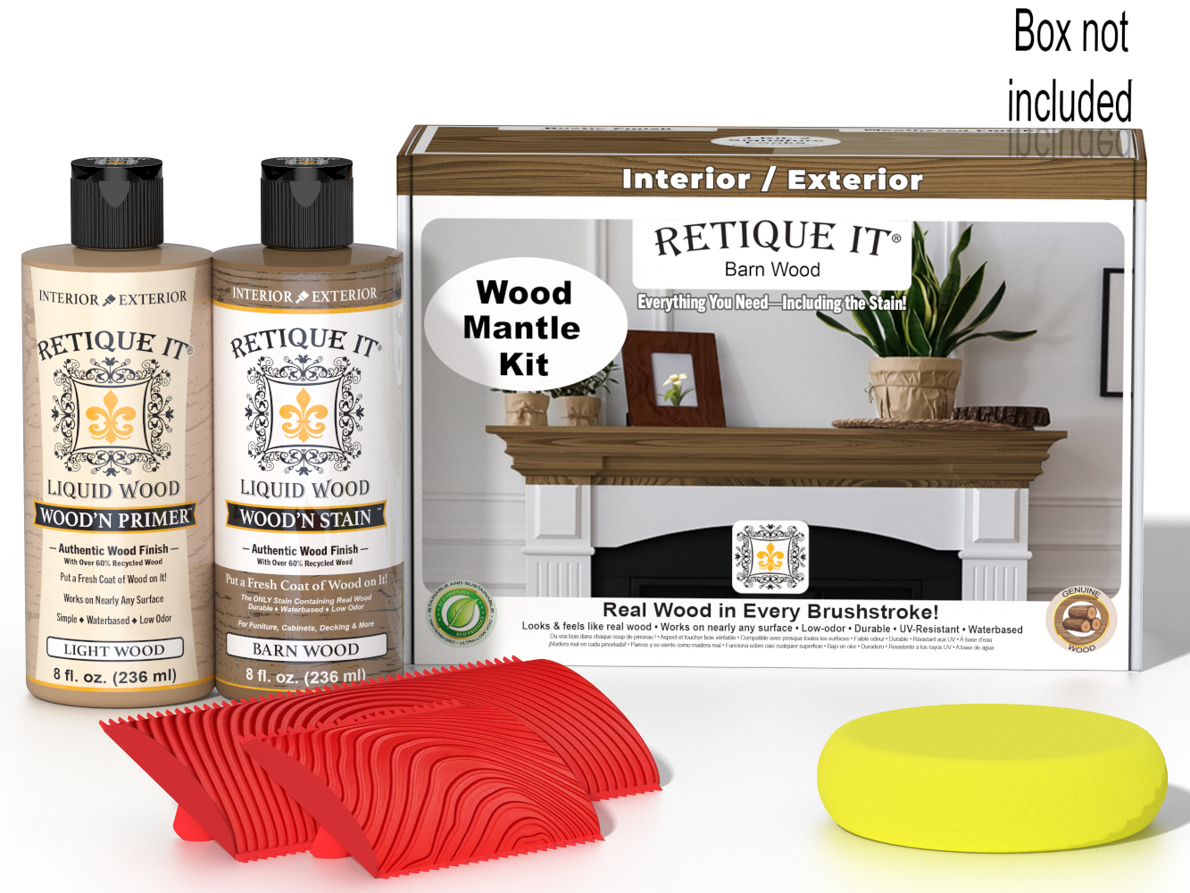 Retique It® Fireplace Mantel Wood'n Finish Kit in Barn Wood stain, featuring stain bottles and application tools on a wooden mantel.
