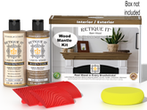 Retique It® Fireplace Mantel Wood'n Finish Kit in Barn Wood stain, featuring stain bottles and application tools on a wooden mantel.