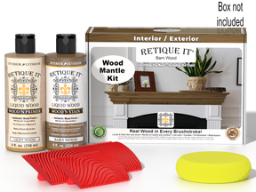 Retique It® Fireplace Mantel Wood'n Finish Kit in Barn Wood stain, featuring stain bottles and application tools on a wooden mantel.