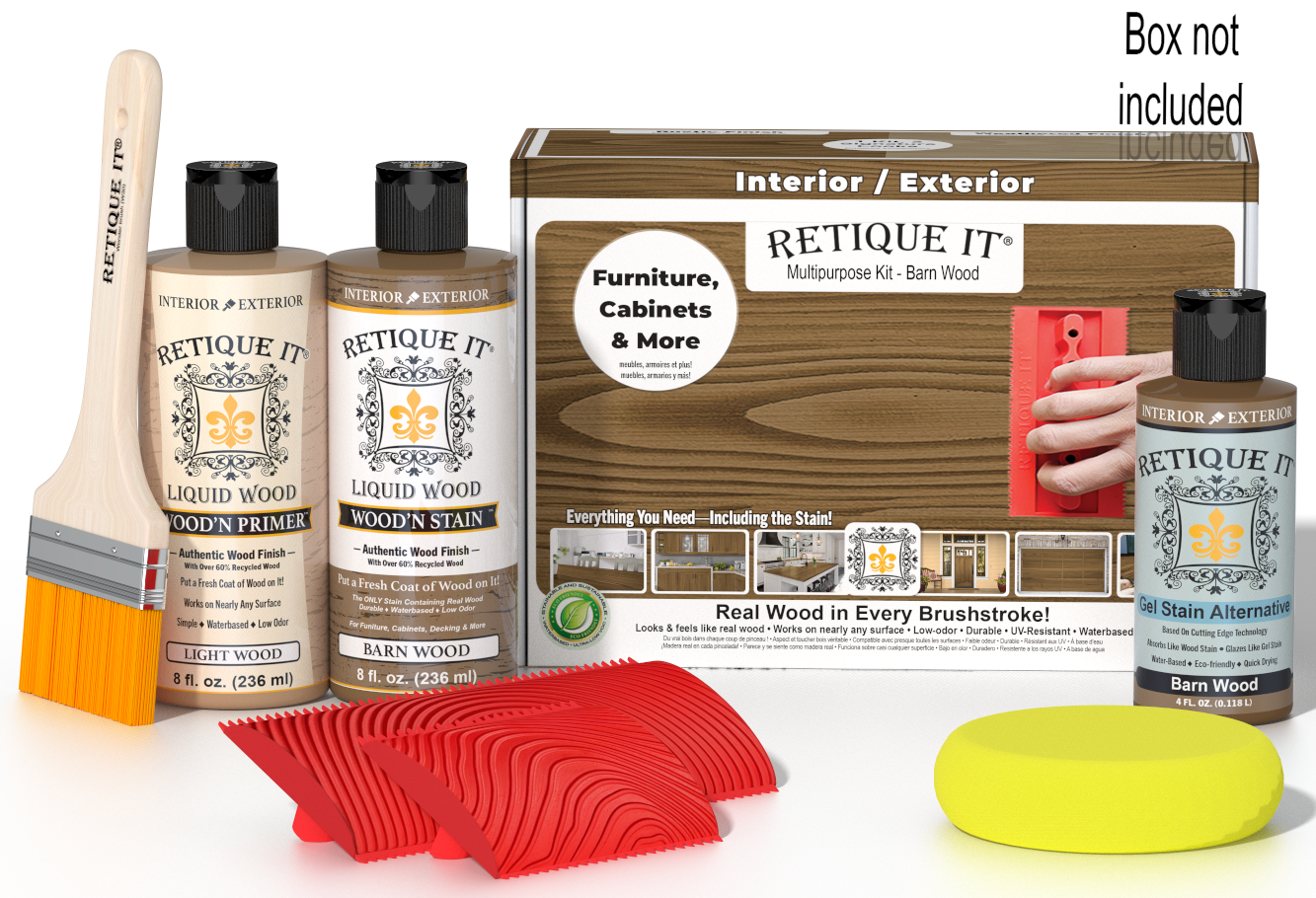Retique It® Wood'n Finish Kit in Barn Wood with applicator brush and finishing supplies for multi-purpose wood finishing.