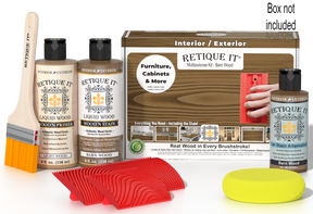 Retique It® Wood'n Finish Kit in Barn Wood with applicator brush and finishing supplies for multi-purpose wood finishing.
