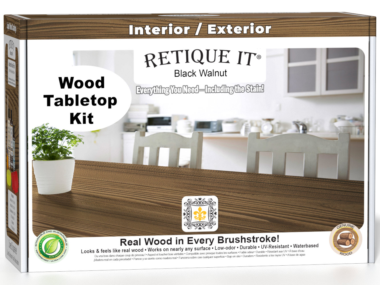 Retique It® Wood'n Finish Kit in Black Walnut stain, featuring a wooden tabletop with staining and finishing tools.