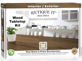 Retique It® Wood'n Finish Kit in Black Walnut stain, featuring a wooden tabletop with staining and finishing tools.