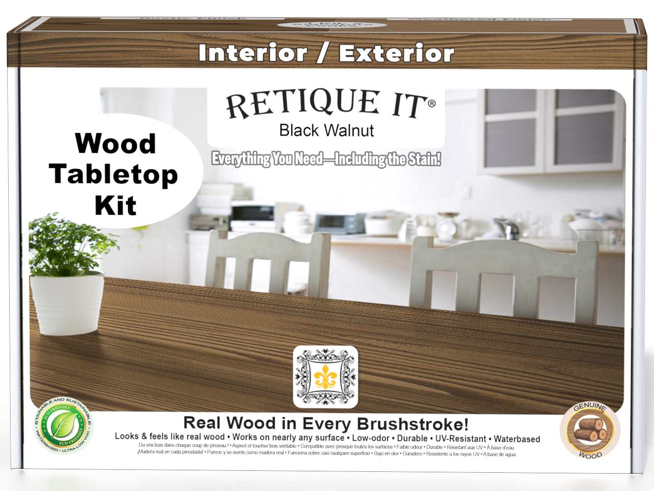Retique It® Wood'n Finish Kit in Black Walnut stain, featuring a tabletop with wood finish and stain kit packaging.