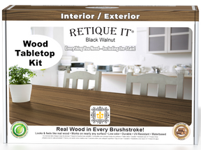 Retique It® Wood'n Finish Kit in Black Walnut stain, featuring a tabletop with wood finish and stain kit packaging.
