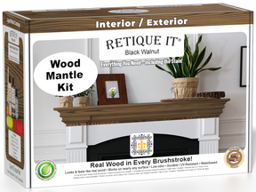 Retique It® Black Walnut wood finish kit for fireplace mantels, featuring stain application tools and sample swatch in a box.