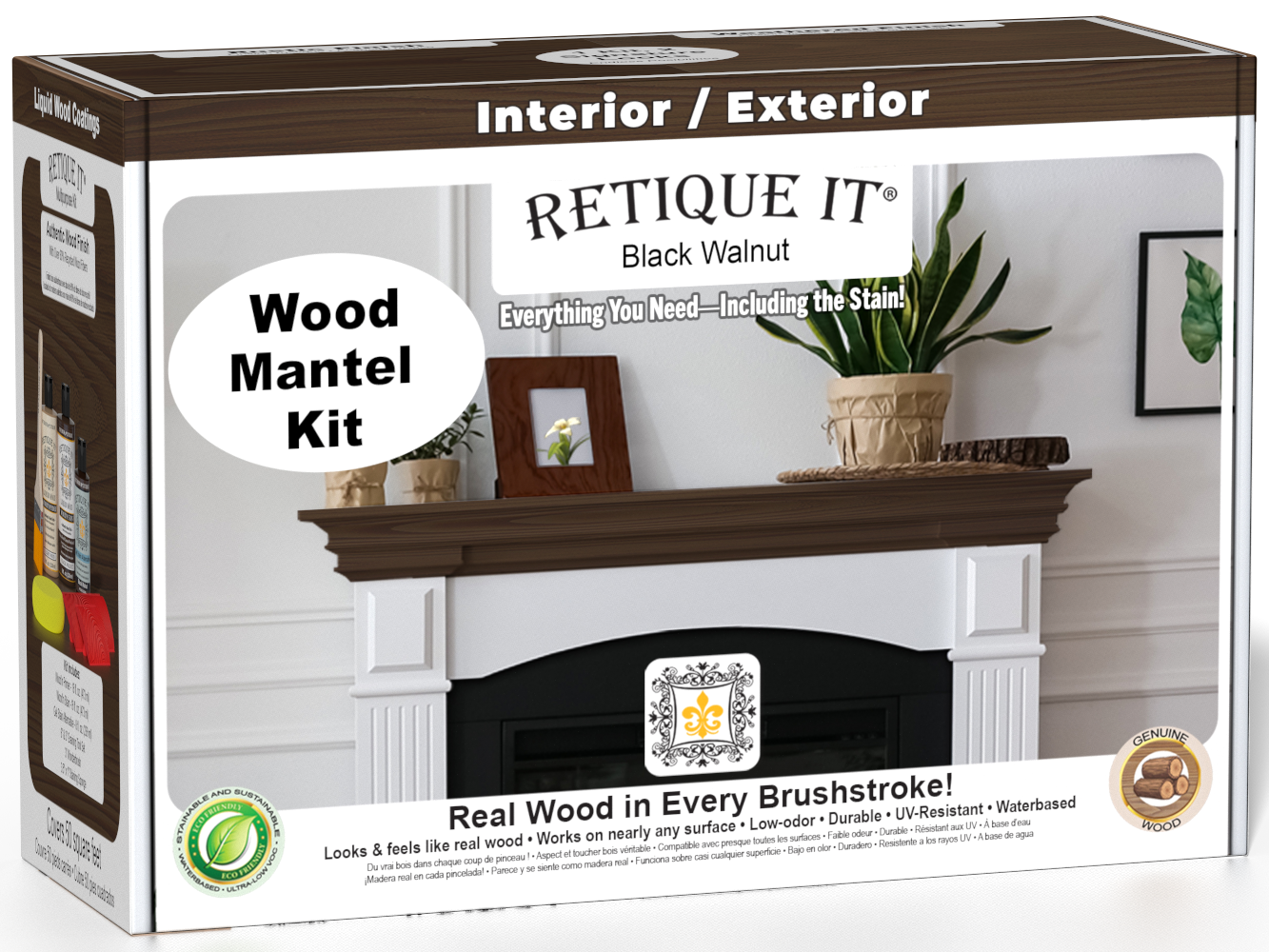 Retique It® Wood'n Finish Kit in Black Walnut stain, featuring wood stain bottles and application tools for tabletop finishing.