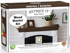 Retique It® Wood'n Finish Kit in Black Walnut stain for fireplace mantels, showing the box and stain application.