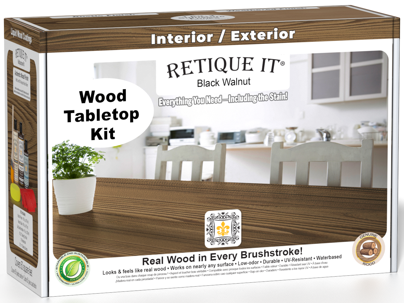Retique It® Wood'n Finish Kit in Black Walnut stain for tabletops, includes stain and finishing supplies, shown in the box.