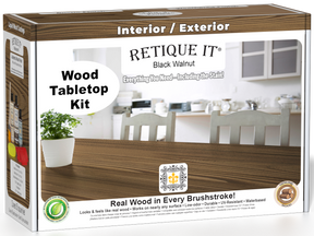 Retique It® Wood'n Finish Kit in Black Walnut stain for tabletops, includes stain and finishing supplies, shown in the box.
