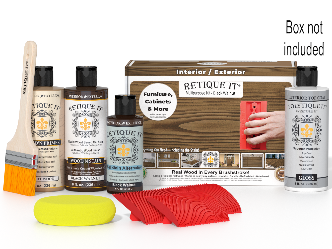 Retique It wood finish product set with bottles, a brush, and packaging on a white background.