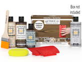 Retique It wood finish kit with bottles, a brush, and sponges on a white background.