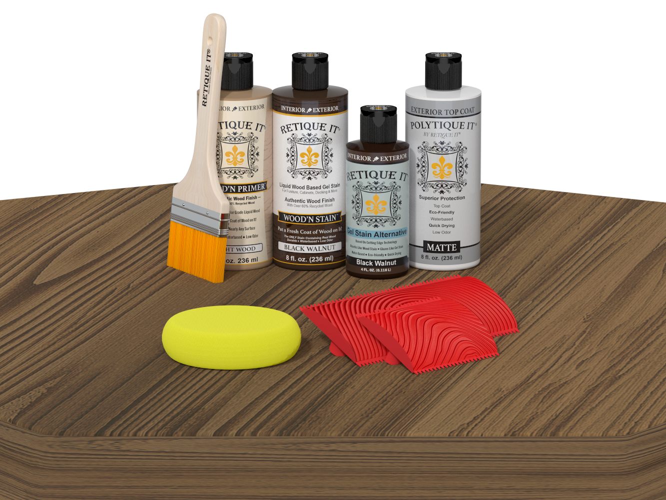 Wood care products including bottles, a brush, a sponge, and cloths on a wooden surface.