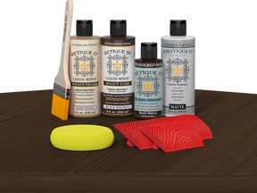 Black Walnut Wood'n Finish Kit by Retique It® with exterior top coat on table, showcasing multi-purpose wood finishing tools and supplies.