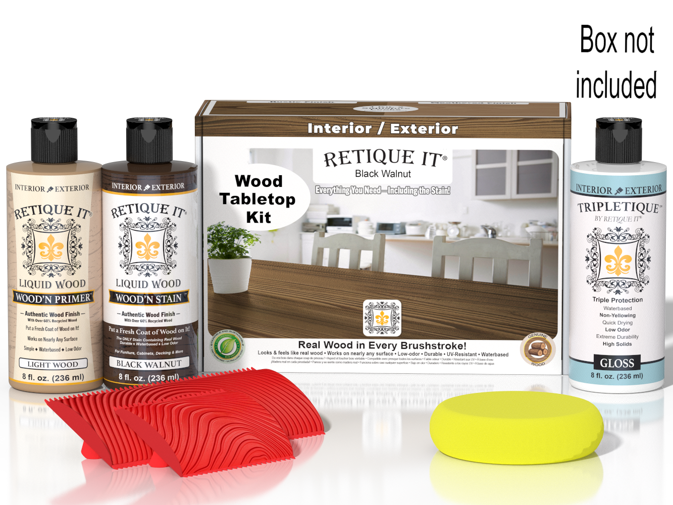 Retique It® Wood'n Finish Kit for tabletops in Black Walnut stain, includes stains and finishing supplies for wood furniture.