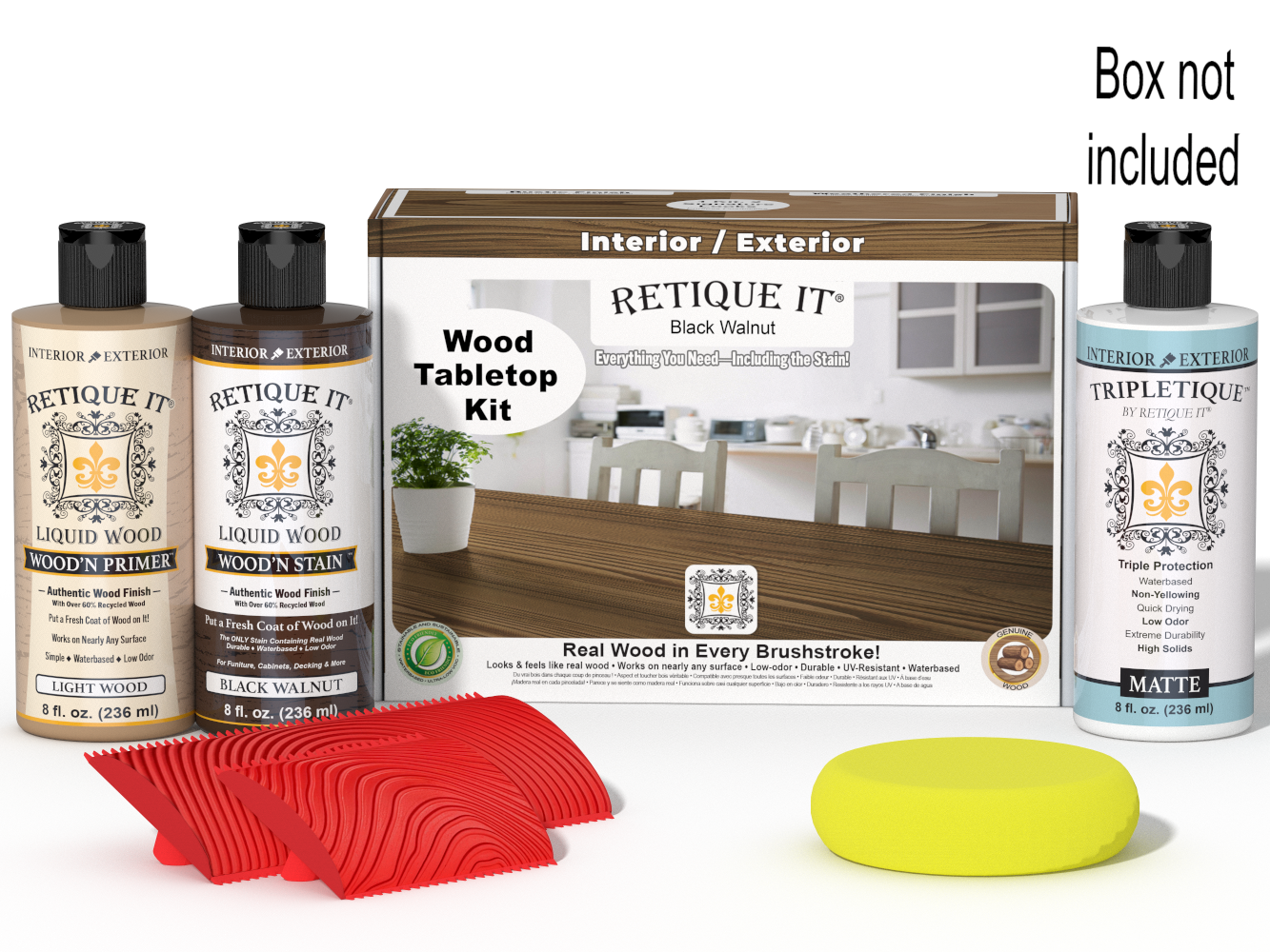 Retique It® Wood'n Finish Kit in Black Walnut stain for tabletops, includes stain bottles and applicator tools.