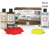 Retique It® Wood'n Finish Kit in Black Walnut stain for tabletops, includes stain bottles and applicator tools.