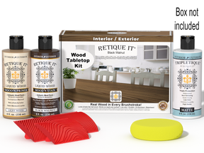 Retique It® Wood'n Finish Kit in Black Walnut stain for tabletops, includes stain bottles and applicator tools.