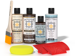 Retique It® Wood'n Finish Kit in Black Walnut stain for tabletops, showing bottles and applicator tools for wood finishing.