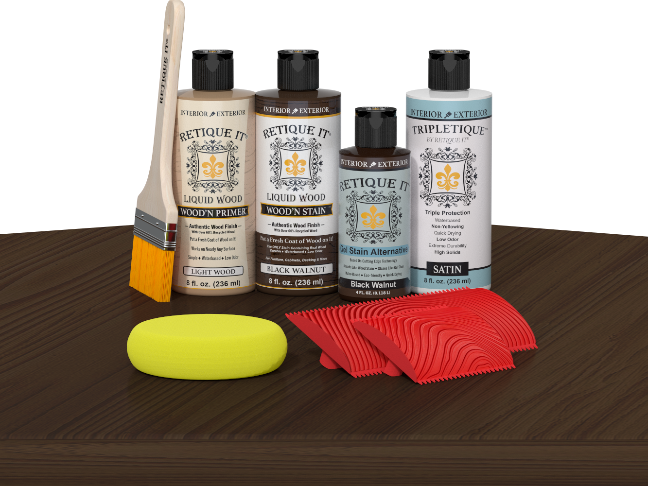 Retique It® Wood'n Finish Kit in Black Walnut stain, with applicator and wood surface showing the stain's rich, dark finish.