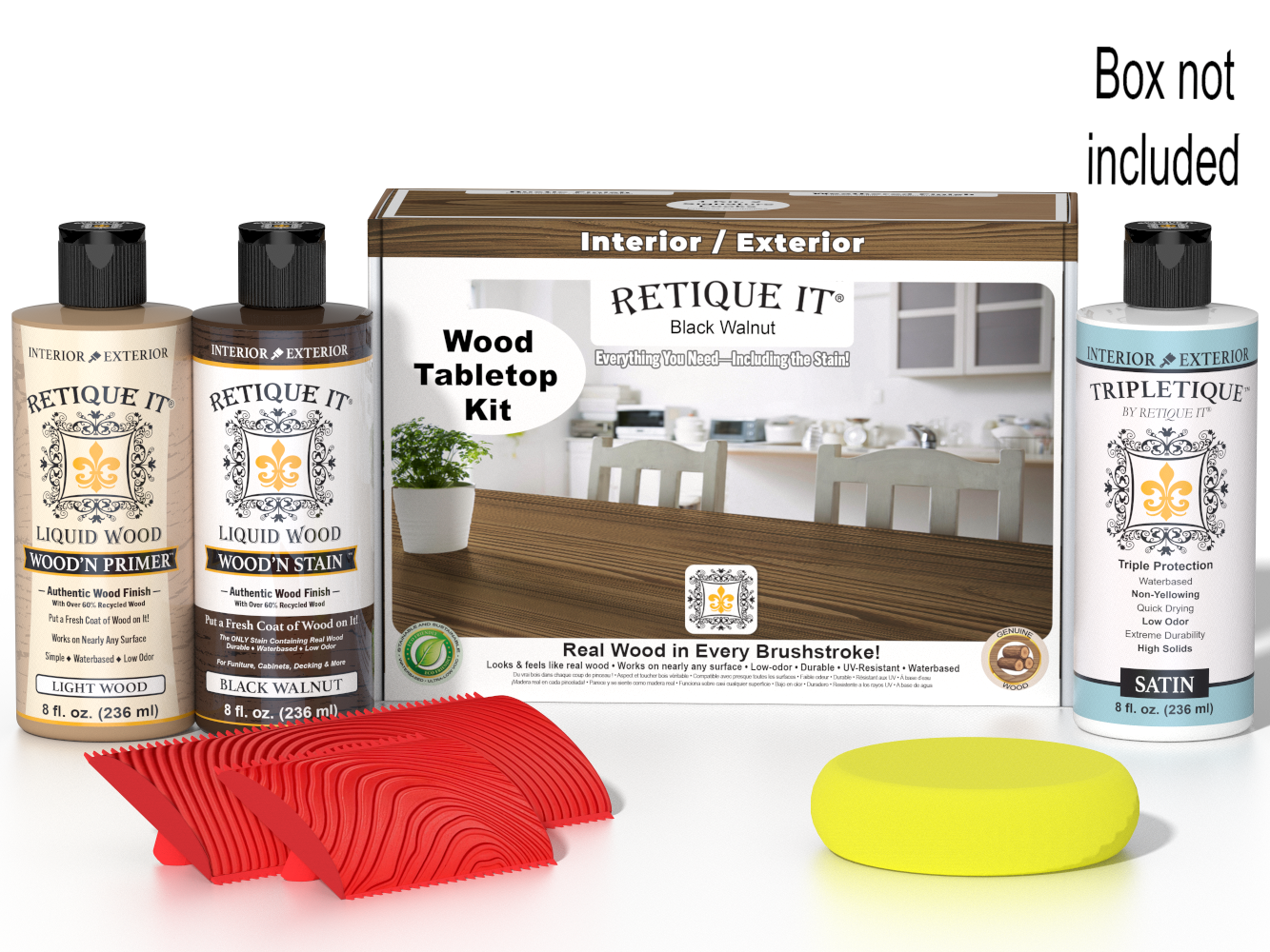 Retique It® Wood'n Finish Kit in Black Walnut stain, showing a tabletop with the stain applied and the kit box beside it.