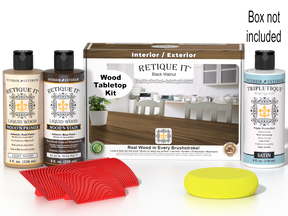 Retique It® Wood'n Finish Kit in Black Walnut stain, showing a tabletop with the stain applied and the kit box beside it.