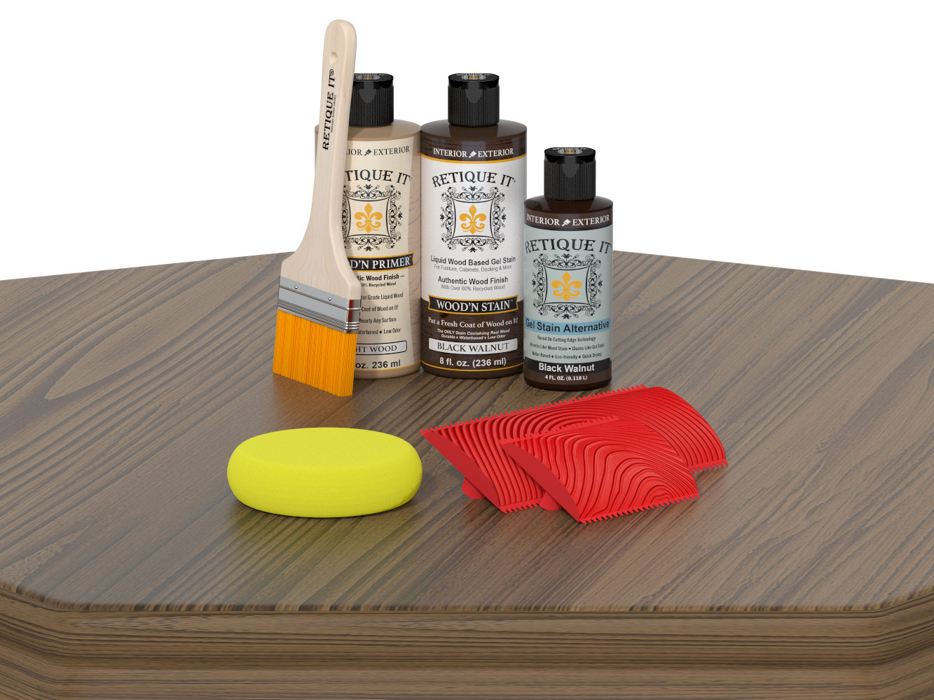 Wood care products including bottles, a brush, and cloths on a wooden surface.