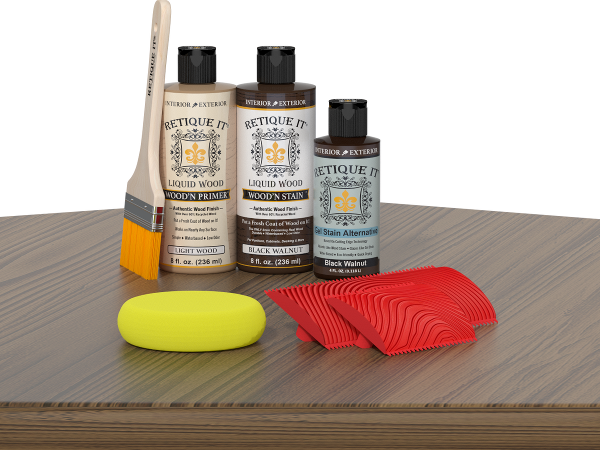 Retique It® Wood'n Finish Kit in Black Walnut stain showing wooden table surface with applied black walnut stain and finishing tools.