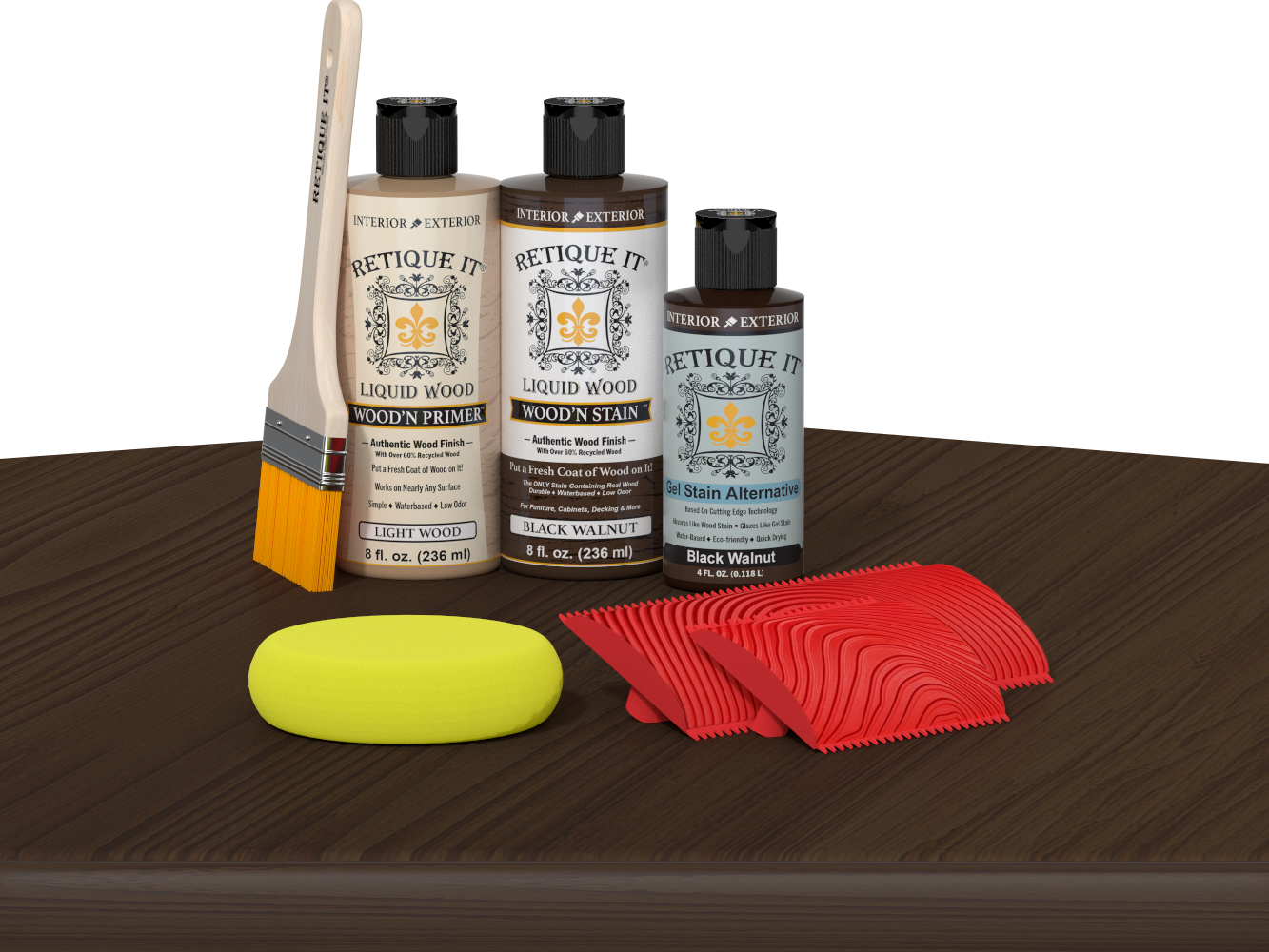Retique It® Wood'n Finish Kit in Black Walnut stain displayed on a table, showcasing the wood stain product for fireplace mantels.