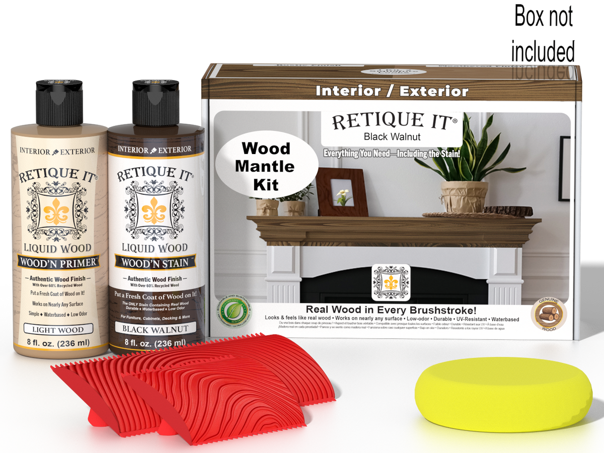 Retique It® Black Walnut wood finish kit for fireplace mantels, includes stains and application tools, shown in the image.