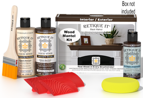 Retique It® Black Walnut wood stain kit for fireplace mantels, featuring a wooden box and stain samples.