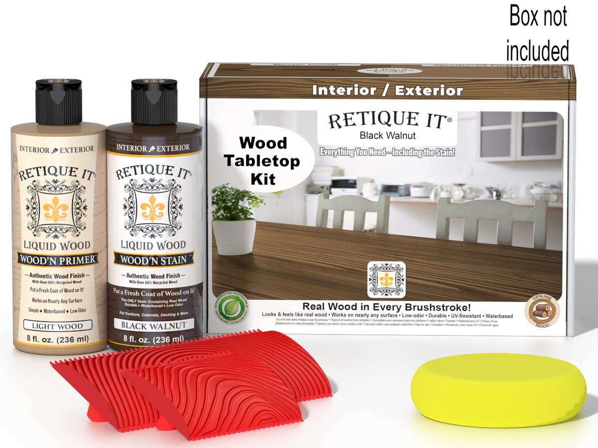 Retique It® Wood'n Finish Kit in Black Walnut stain, featuring a tabletop with finished wood surface and staining supplies.