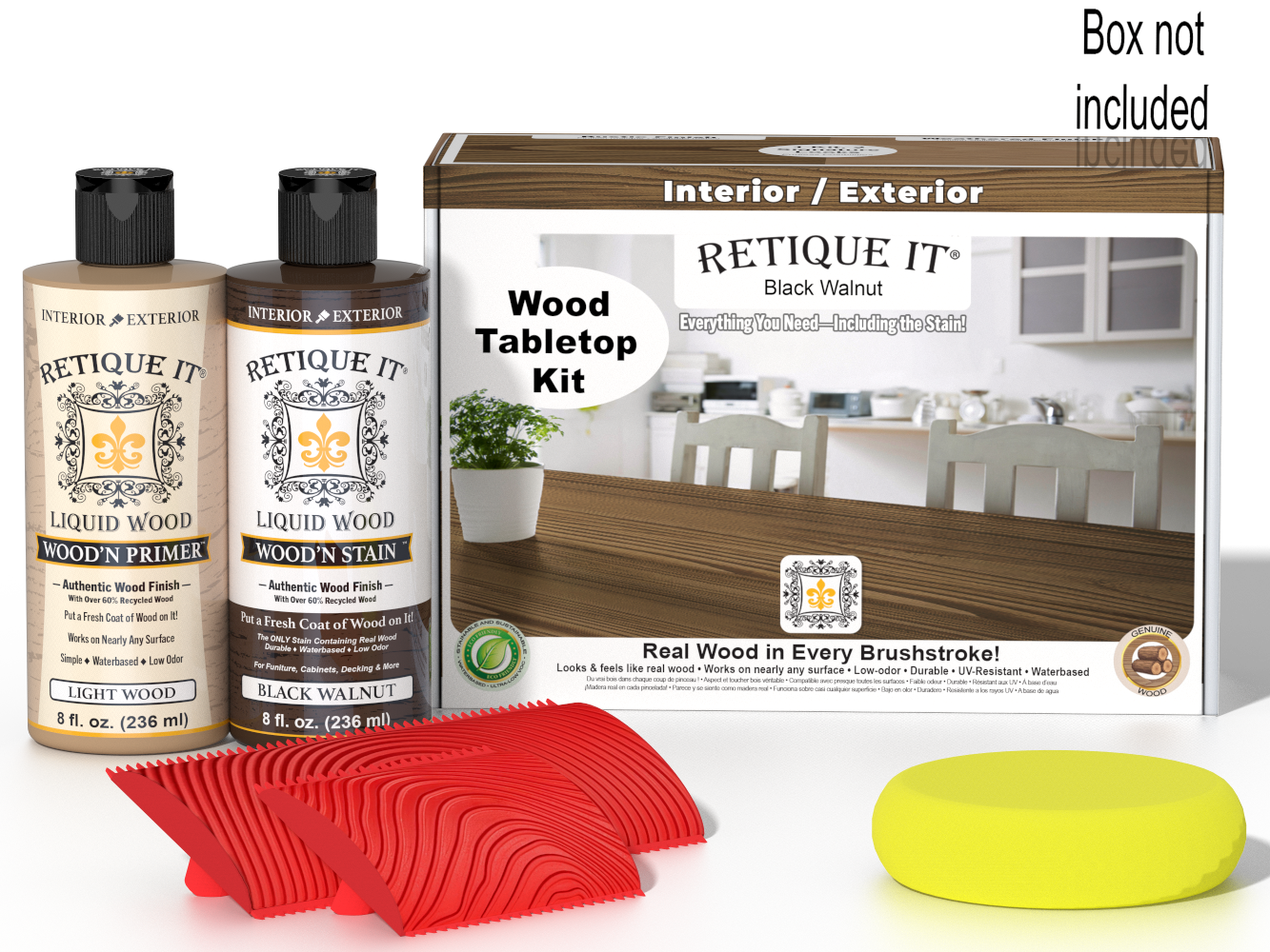 Retique It® Wood'n Finish Kit in Black Walnut stain, featuring a tabletop with finished wood surface and staining supplies.