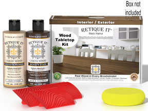 Retique It® Wood'n Finish Kit in Black Walnut stain, featuring a tabletop with finished wood surface and staining supplies.
