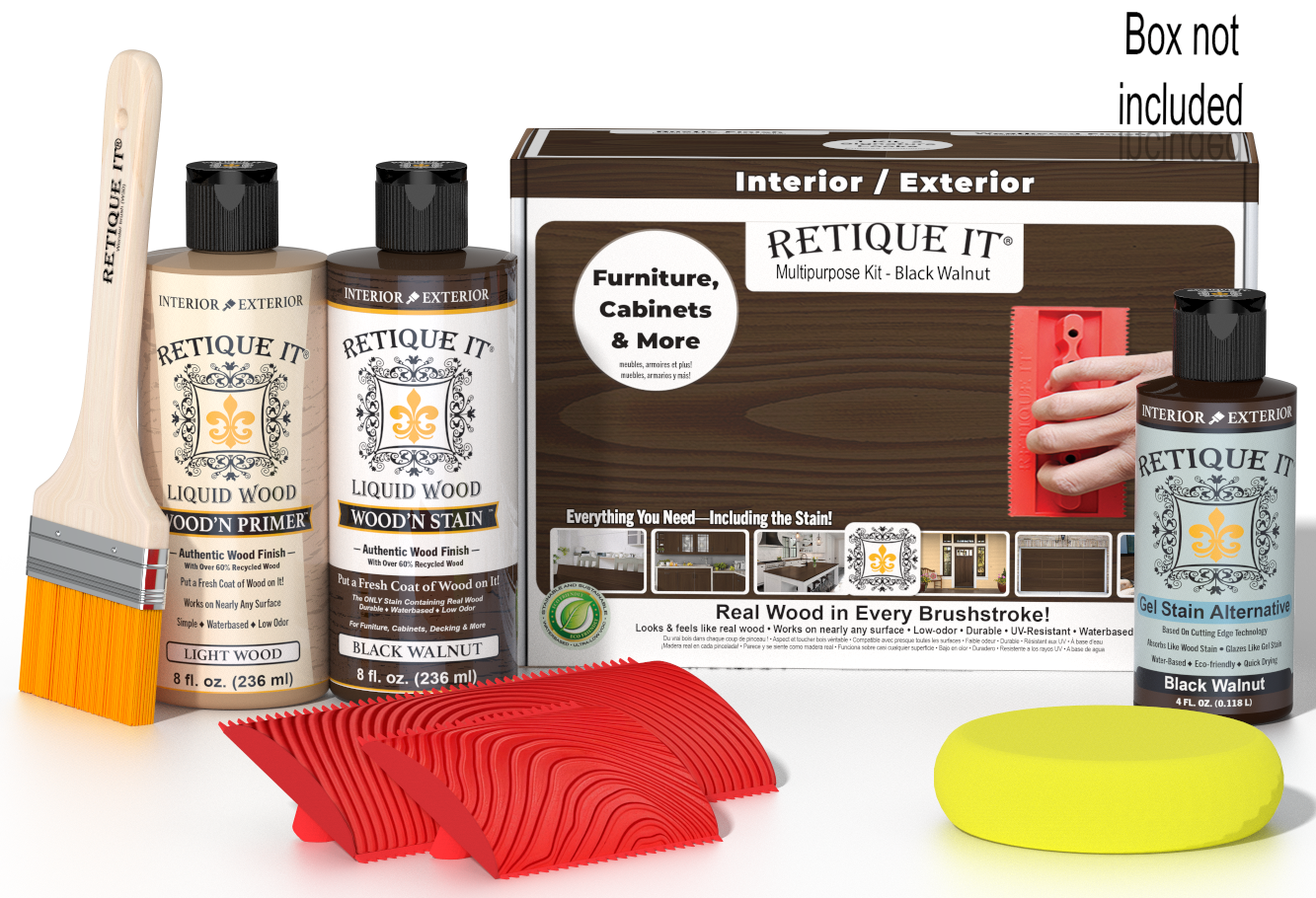 Retique It® Wood'n Finish Kit in Black Walnut for multi-purpose wood finishing, shown with included components in a box.