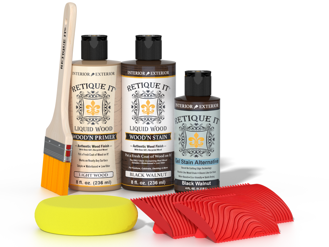 Retique It® Wood'n Finish Kit in Black Walnut, a multi-purpose wood finishing set with brushes and wood stain for furniture.